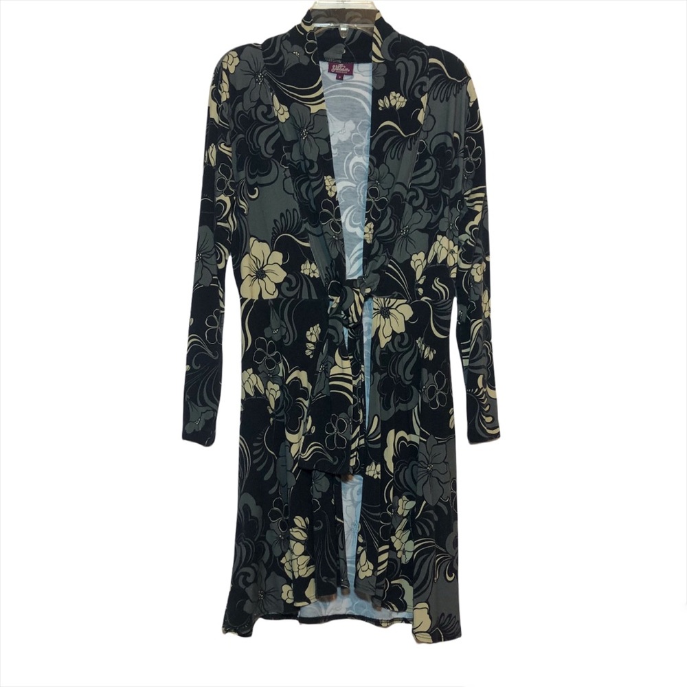 Salaam tie front cardigan abstract floral pattern black gray cream size small